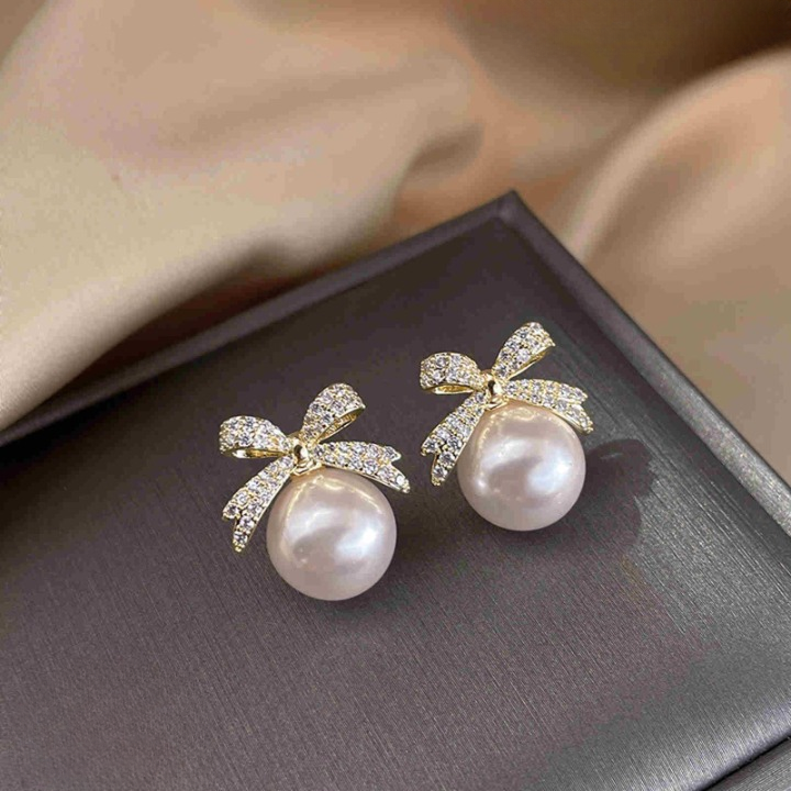 Bow Sparkle Diamond Pearl Stud Earrings / Pearl Earrings Women’s Earrings For Gift