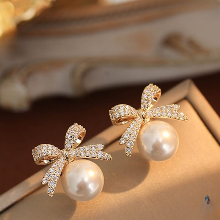 Bow Sparkle Diamond Pearl Stud Earrings / Pearl Earrings Women’s Earrings For Gift