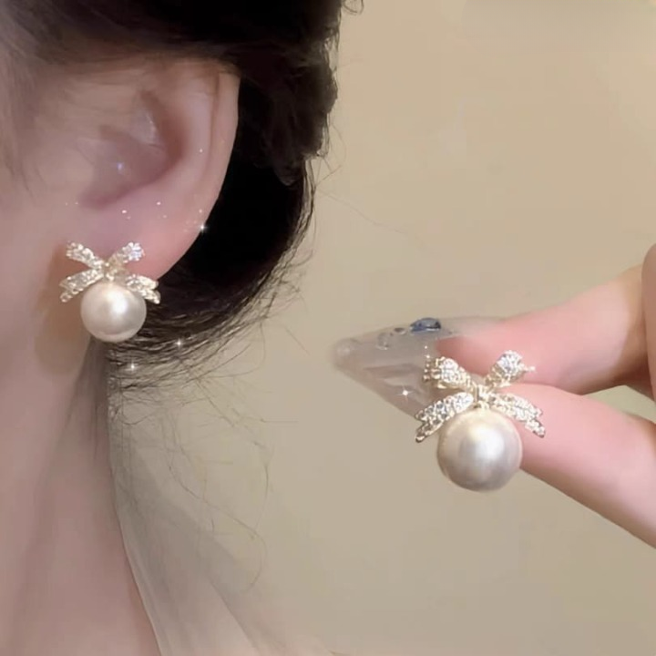 Bow Sparkle Diamond Pearl Stud Earrings / Pearl Earrings Women’s Earrings For Gift