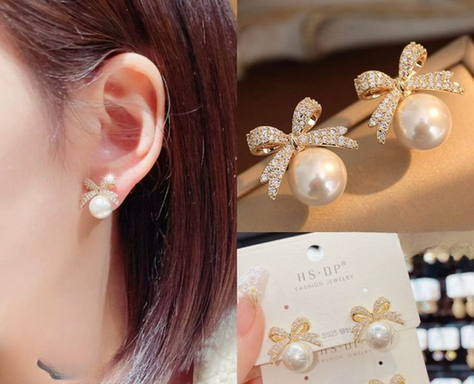 Bow Sparkle Diamond Pearl Stud Earrings / Pearl Earrings Women’s Earrings For Gift