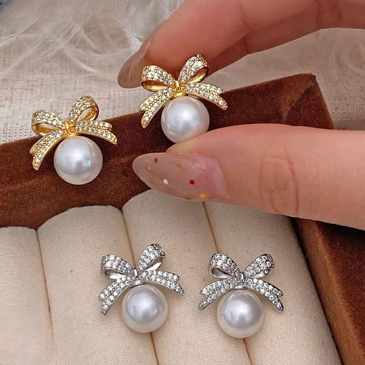 Bow Sparkle Diamond Pearl Stud Earrings / Pearl Earrings Women’s Earrings For Gift